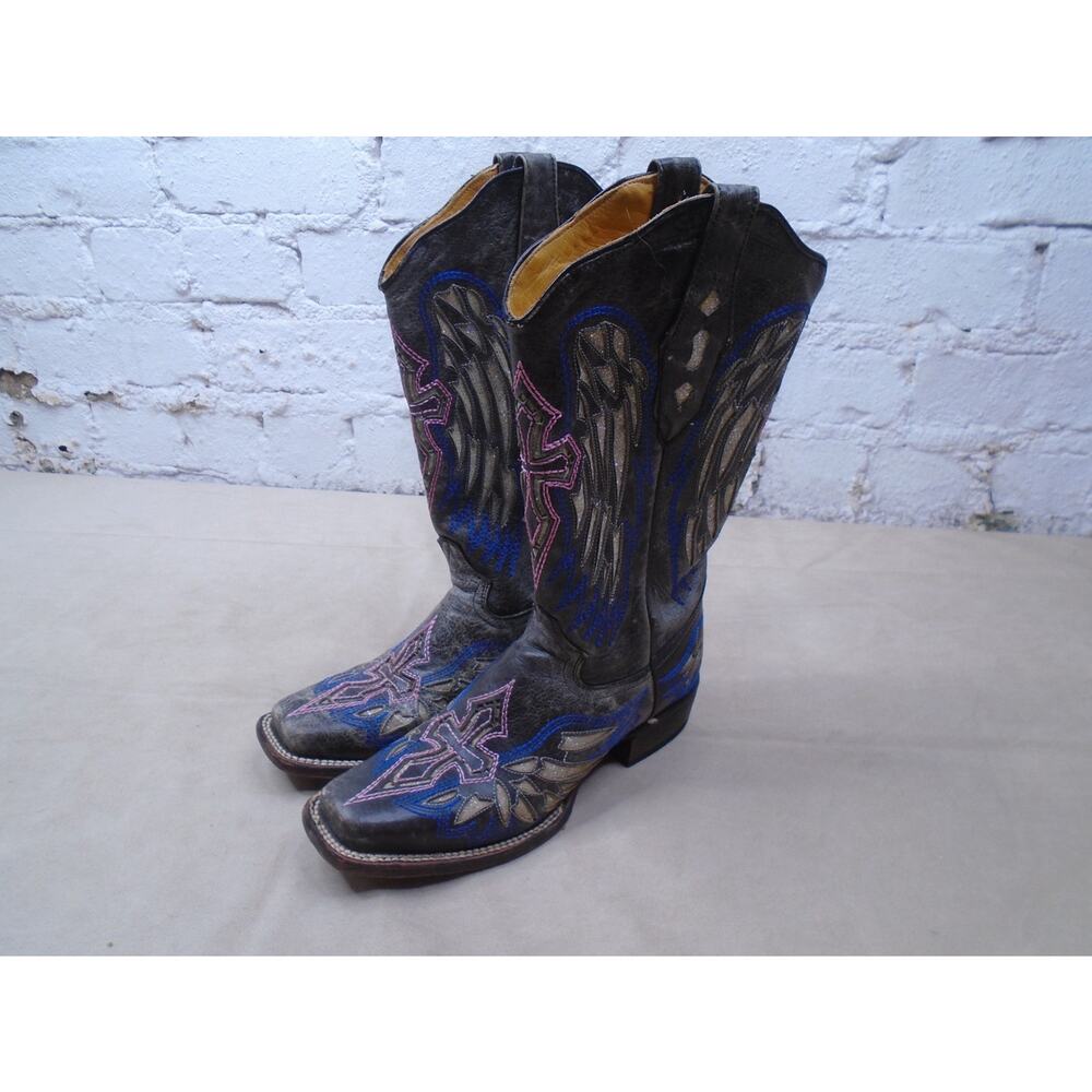 Cowtown Womens Black Bling Sparkle Cross and Wings Square Toe Boot Sz 7.5